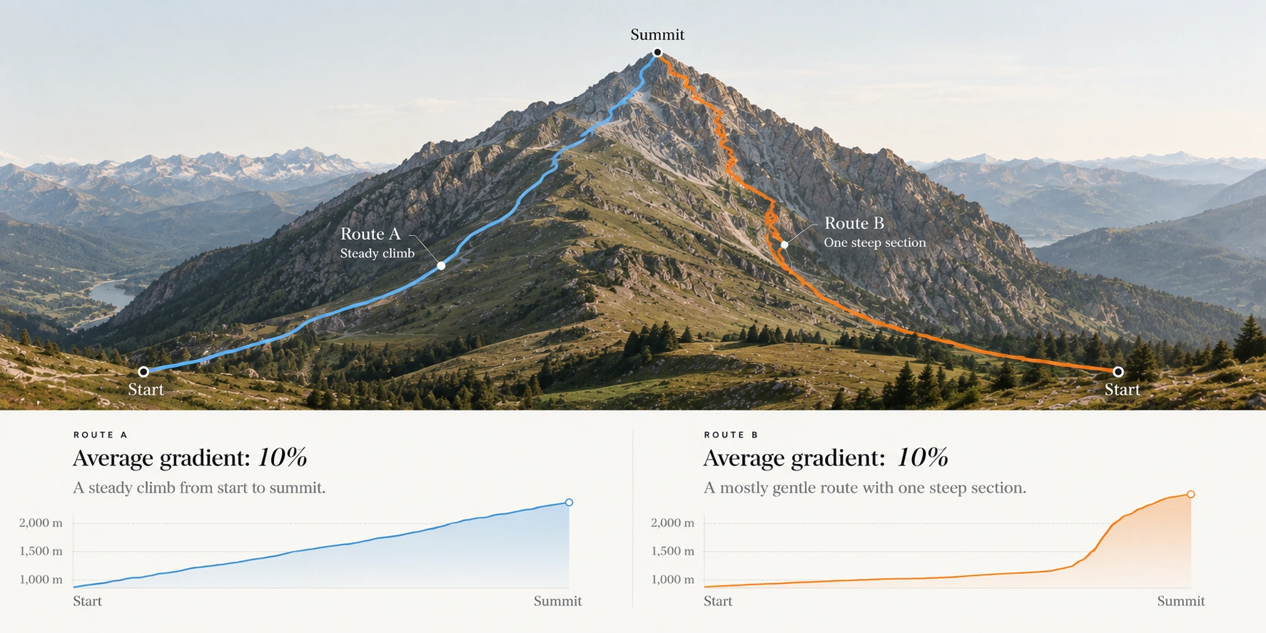 A mountain photograph with two routes drawn to the same summit. Route A, a steady climb, and Route B, a mostly gentle route with one steep section, both have an average steepness of 10%. Their elevation profiles below show how differently the climb is distributed.