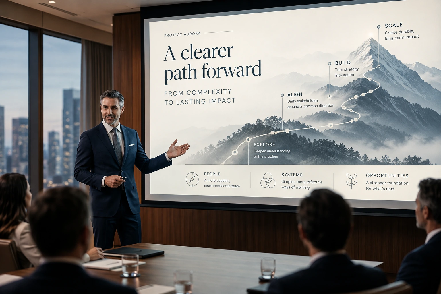 A confident presenter addressing a boardroom, gesturing toward a polished strategy slide titled 'A clearer path forward'