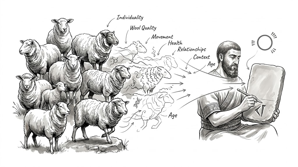 A flock of sheep, each with distinct qualities, being reduced by a scribe into a simplified recorded tally